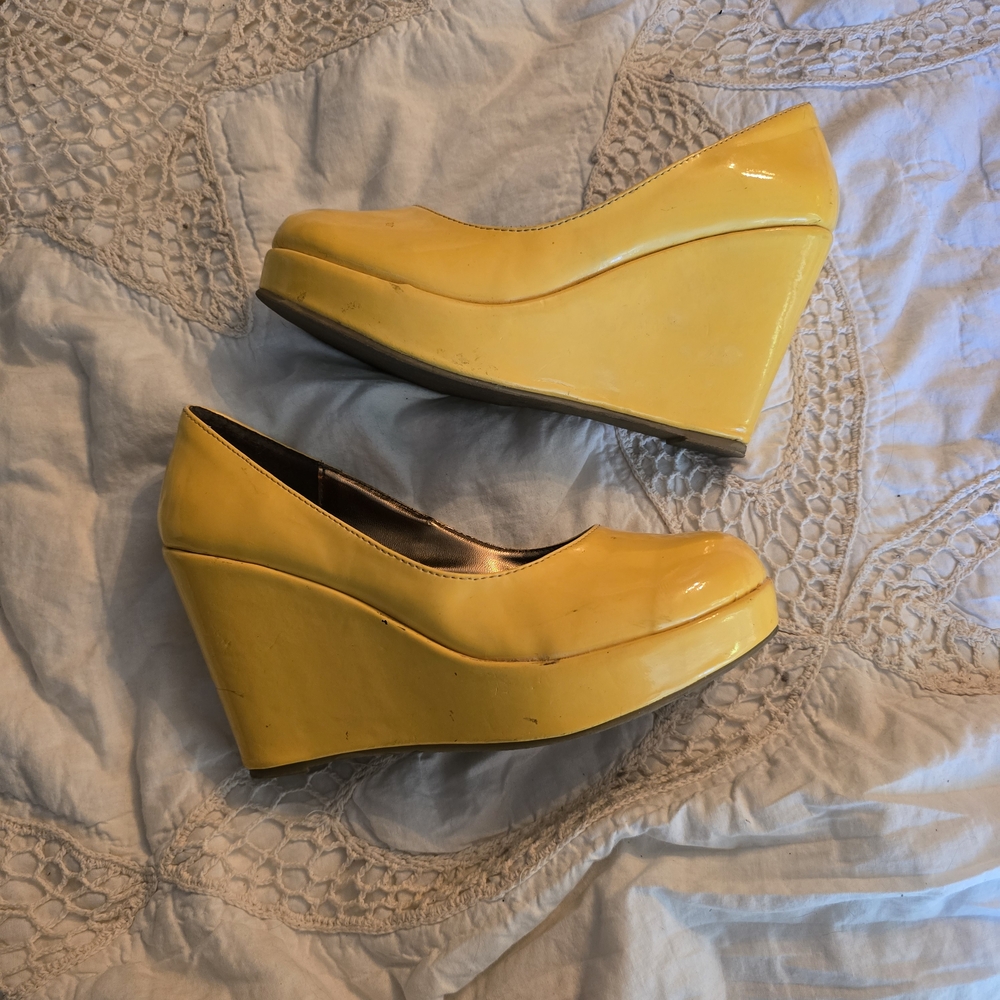 Charles Albert Yellow Patent Leather Wedge Shoes